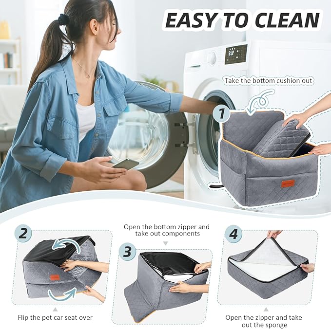 Dog Car Seat for Small Medium Dogs, Memory Foam Puppy Dog Booster Seat with Thick Cushion for Dogs Under 35lbs, Detachable Washable Pet Car Seat Travel Bed with Storage Pockets,2 Safety Belts