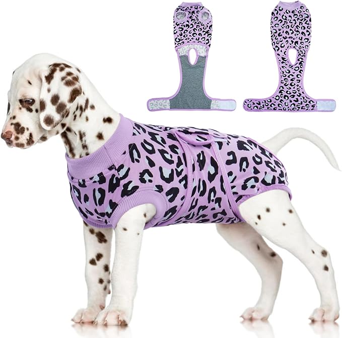FUAMEY Recovery Suit for Dogs After Surgery,Soft Breathable Dog Bodysuit E-Collar & Cone Alternative Surgical Suit,Male Female Dog Neuter Spay Suits Anti Licking Wounds Onesie Purple Leopard XS