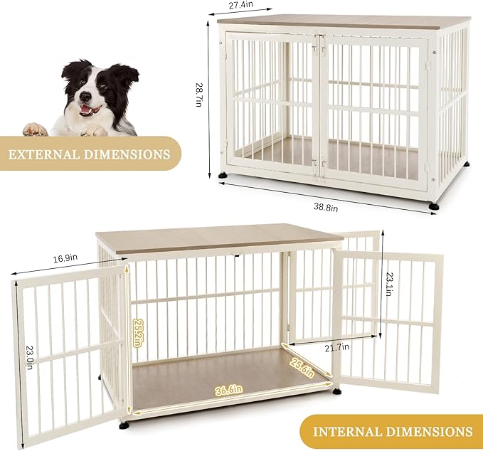 40 Inch Dog Crate Furniture for Large Medium Dogs, Wooden Heavy Duty Dog Kennel with Double Doors, Decorative Pet House Dog Cage Side End Table Indoor, Pet Cage Dog House, Beige