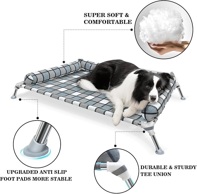 Elevated Raised Dog Bed Cot - Cooling Raised Dog Bed with Bolster Portable Washable Pet Hammock with Pillows & Metal Frame for Indoor & Outdoor, Large