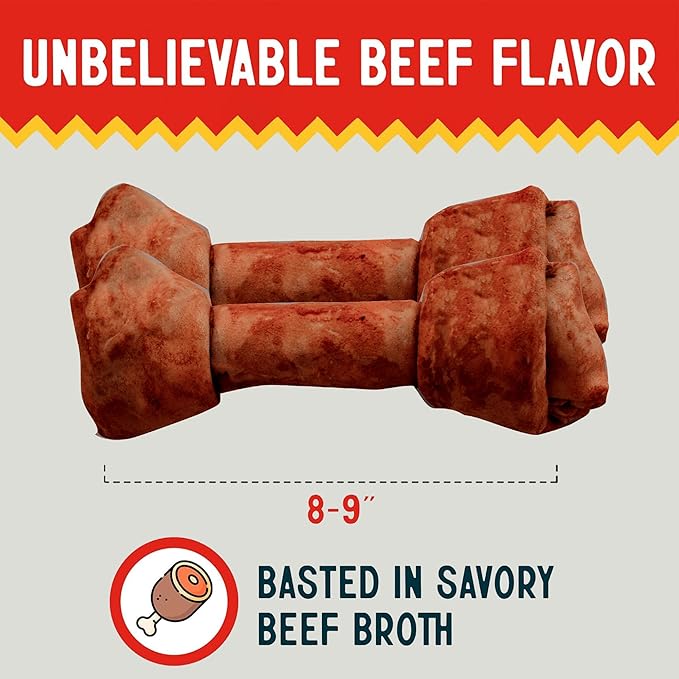 Canine Chews 8-9 Inch Beef Basted Knotted Rawhide Bones for Large Dogs - Durable Rawhide Bones for Medium and Large Dogs - Long Lasting Dog Rawhide Bones with for Aggressive Chewers - 10 Pack