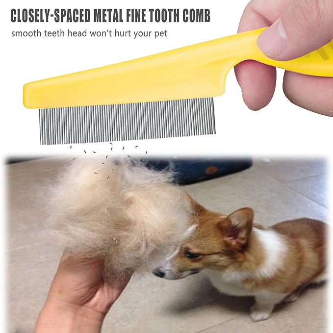 Cat & Dog Comb Set - Fine Tooth Grooming Comb for Dandruff & Hair Removal (Yellow)