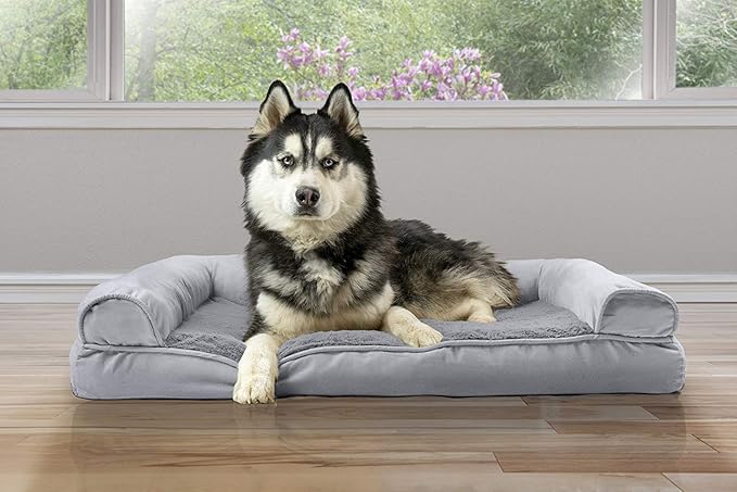 Furhaven Cooling Gel Dog Bed for Large Dogs w/ Removable Bolsters & Washable Cover, For Dogs Up to 95 lbs - Plush & Suede Sofa - Gray, Jumbo/XL