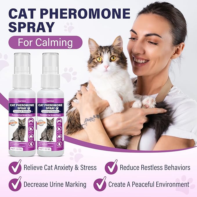 Cat Calming Pheromone Spray, 2 Pack, Calming Spray for Cat Anxiety Relief, Reduce Stress, Hiding & Scratching Furniture - During Travel, Fireworks, Thunder, 60 ML