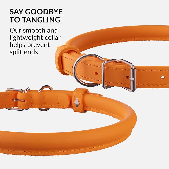 CollarDirect Rolled Leather Dog Collar, Soft Padded Round Puppy Collar, Handmade Genuine Leather Collar Dog Small Large Cat Collars 13 Colors (6-7 Inch, Orange Smooth)