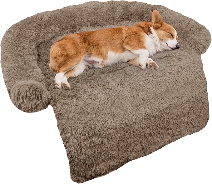 Calming Dog Bed Fluffy Plush Dog Mat for Furniture Protector with Removable Washable Cover for Large Medium Small Dogs and Cats (Medium(41x37x6), Camel)