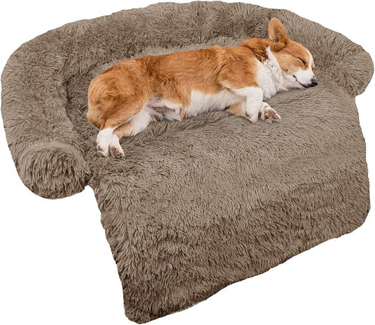 Calming Dog Bed Fluffy Plush Dog Mat for Furniture Protector with Removable Washable Cover for Large Medium Small Dogs and Cats (Medium(41x37x6), Camel)