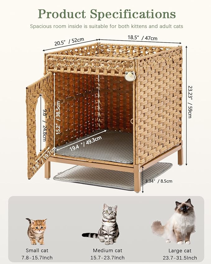 Cat Litter Box Enclosure Hidden Litter Box Furniture with Metal Heightened Feet, Rattan Handwoven Cat House with Litter Mat, Hidden Litter Box Furniture for Bedroom Living Room Natural