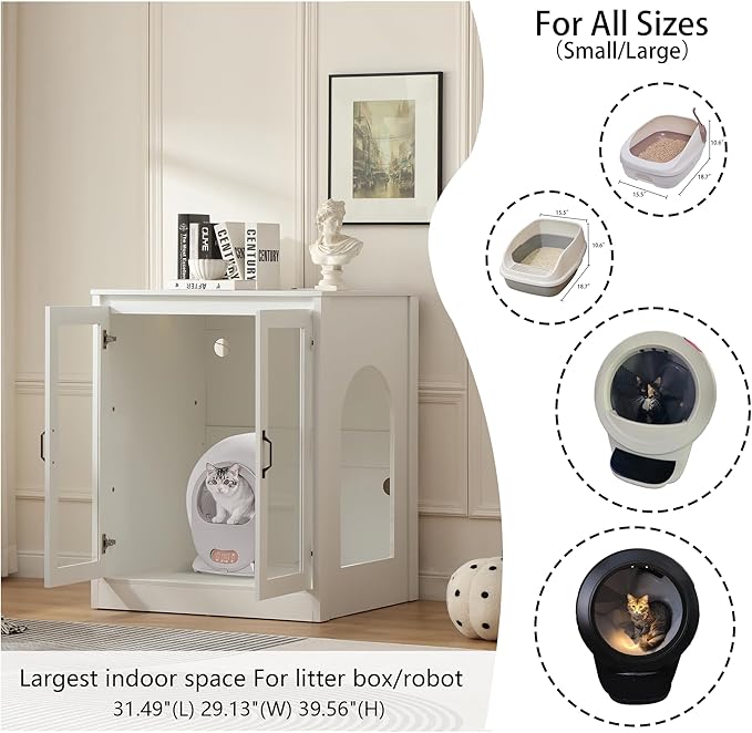 Cat Litter Robot Enclosure with Cat-Observant Glass Doors,Litter Robot Cabinet with Cozy LED for Cats,Reversible and Optional Entry(Left or Right),Power Outlet for More Choice, (White)