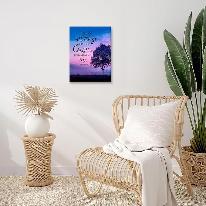 Christian Tree Wall Art I Can Do All Things Canvas Wall Decor Prints Framed Painting Purple Pictures Gifts Artwork for Bathroom Bedroom 12"x16"