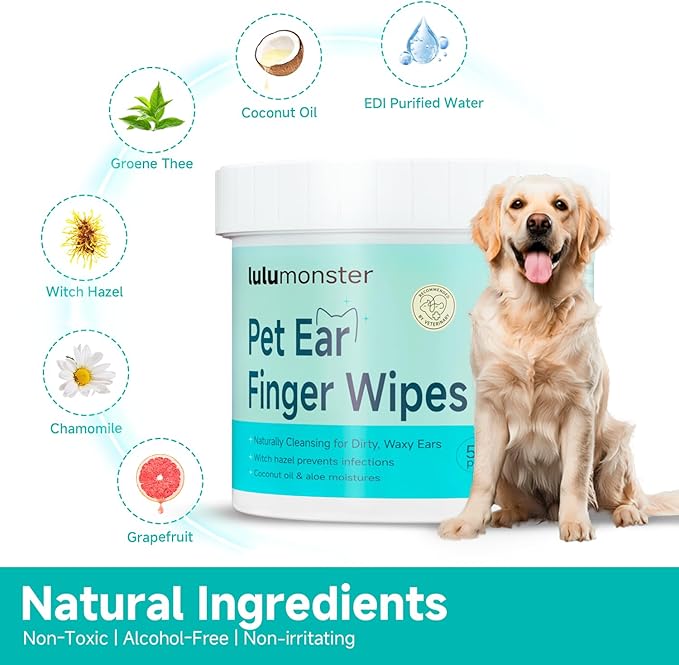 Ear Cleaner Finger Wipes for Dog & Cat [Finger Casing Design][Pet Ear Wipes with Tweezers] for Controlling Ear Infections and Ear Odor Reduce ear wax buildup Natural Ingredients Dog Ear Wipes