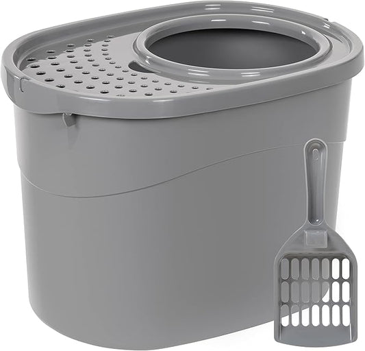 Amazon Basics Large Cat Litter Box with High Sides, Top Entry, Includes Scoop, 20.5 x 14.75 x 14.38 inches, Grey