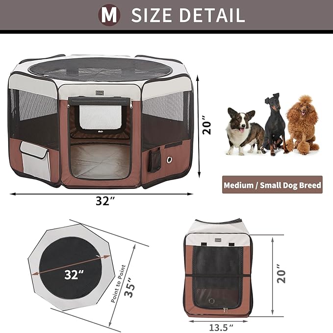 DONORO Dog Playpen Portable Pet Play Pens for Small Dog/Cat/Rabbit/Chicks, Cat Playpen Indoor/Outdoor with Carring Case, Removable Zipper Top and Bottom (Brown, Medium (35"x35"x20"), 8)