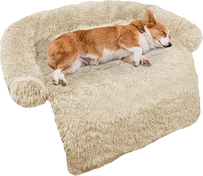 Calming Dog Bed Fluffy Plush Dog Mat for Furniture Protector with Removable Washable Cover for Large Medium Small Dogs and Cats (Medium, Beige)
