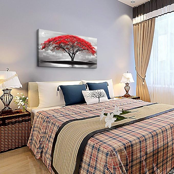 canvas wall art for living room bathroom Wall Decor Black and white landscape red tree moon scenery Hang painting Home Decorations for office bedroom kitchen Works canvas Prints pictures 20" x 40"inch