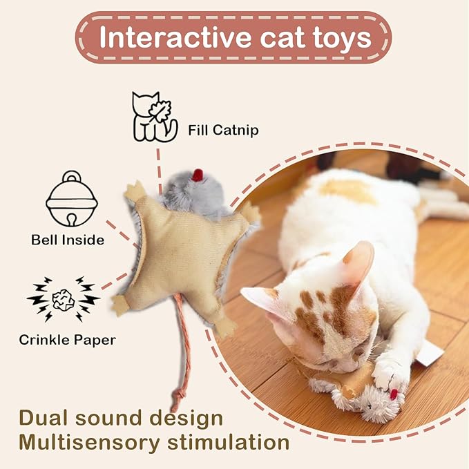Catnip Cat Mice Toy,3 Pcs Plush Cats Nip Mouse Toys for Teeth Cleaning Chew Kitten Kicker Toy with Crinkle & Bell Cat Interactive Catnip Toys for Indoor Kittens Play Fetch