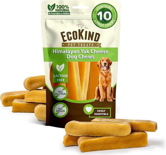 EcoKind Premium Gold Yak Cheese Himalayan Dog Chews, Dog Treats Large Breed, All Natural, High Protein, for Aggressive Chewers, Large - 10 Chews
