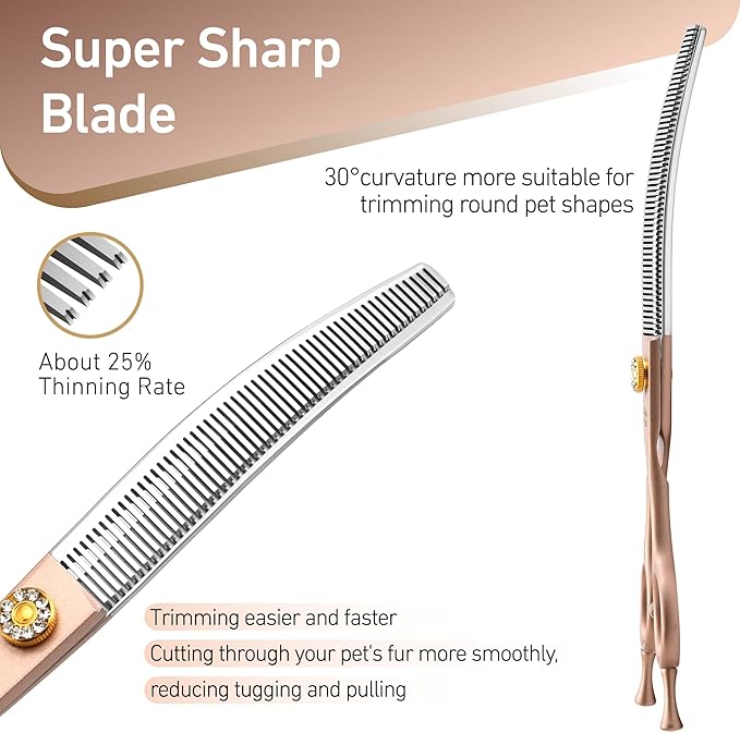 Fenice Peak Professional Curved Thinner Dog Grooming Scissors 7.0'' Rose Gold Thinning Shears Extremely Sharp Blades 440C Stainless Steel Thinning Shears Durable Smooth Fine Cut for Dogs and Cats.