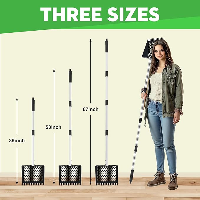 2-in-1 Chicken Poop Scooper & Rake - Adjustable Chicken Coop Scoop with Handle（39、53、67 in），Stainless Steel Shovel Head- Litter Scooper Sand & Sifting Shovel for Chicken Coops