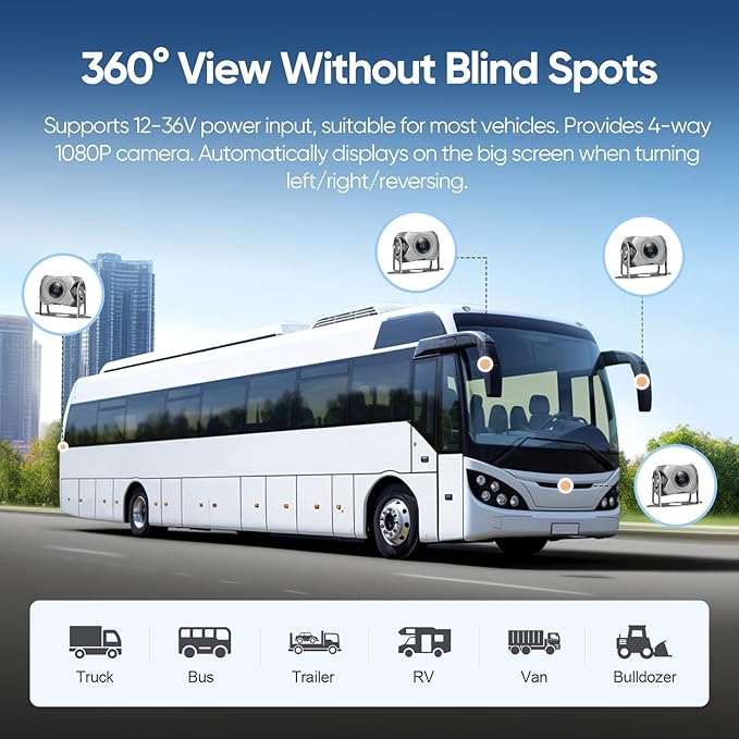 4-Channel 1080P Backup Camera for Truck/RV/Semi Trailer/Van/Cars 10.2inch Touch Monitor with DVR Recording/Playback/Bluetooth/FM Radio/Music/Video Player