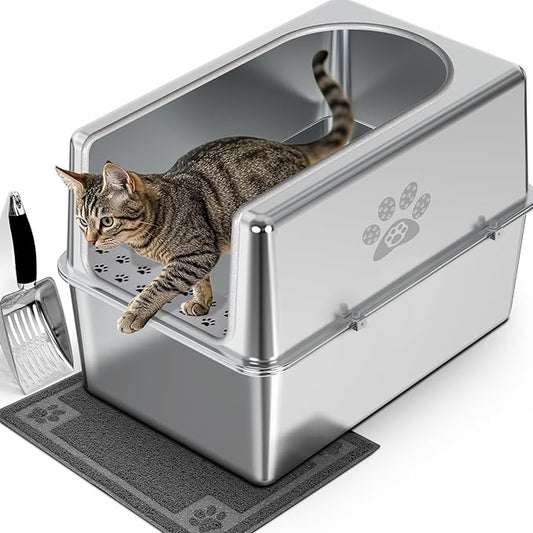 Enclosed Stainless Steel Cat Litter Box with Lid, XL Metal Litter Box for Big Cats, Extra Large Cat Toilet with High Side, Non-Stick, Anti-Leakage, Odorless, with Cats Litter Mat & Litter Scoop