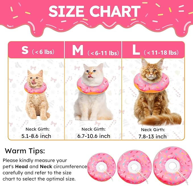 Cat Cone Collar Soft, Cat Recovery Collar for Wound Healing Cute Donut Adjustable Kitten Cones to Stop Licking Comfortable Lightweight Neck Elizabethan Collars for Kittens After Surgery