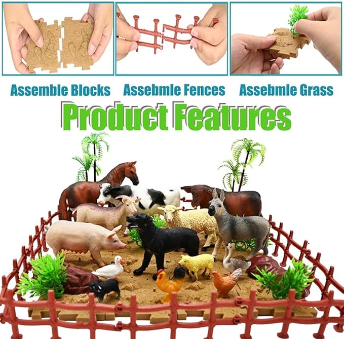 Farm Animal Figurines, Realistic Plastic Animals Toys with Fences Building Blocks, Farm Figures Playset Educational Birthday Gift for Kids & Toddlers, 53 PCS