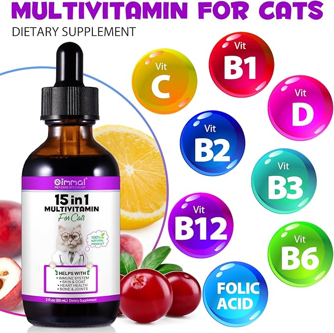 Cat Vitamins, 15 in 1 Cat Multivitamin Liquid Drops, Cats Vitamins and Supplements with Glucosamine and Probiotics, Vitamin for Cats Skin Coat, Immunity, Gut Digestion, Joint, Heart, 60ML
