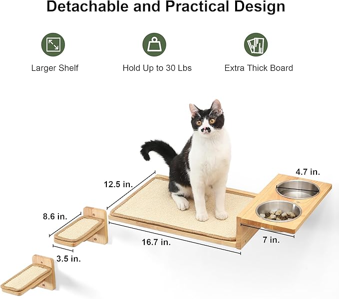 FUKUMARU Cat Wall Shelves, 3 In 1 Cats Walls Furniture Set, Food Station with 2 Steps , Solid Rubber Wood Perch, Suitable for Kitten Play, Nap, Eat, DIY Wall Jungle Gym
