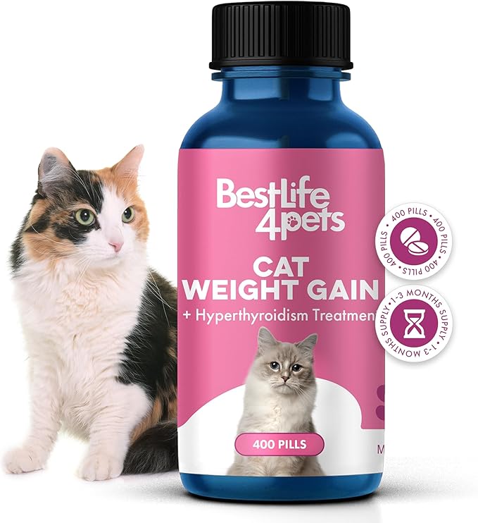 Cat Weight Gain & Hyperthyroidism Treatment, Safe and Effective Cat Appetite Stimulant, Thyroid and Metabolic Support, Weight Management Remedy, 400 All-Natural Odorless, Tasteless Pills
