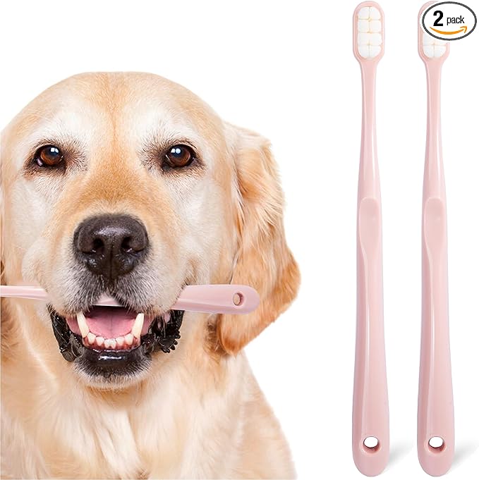 Dog Toothbrush Kit 2 Pack, Ultra Soft Pet Tooth Brush for Medium to Large Dogs & Cats, Animal Teeth Brushing Kit for Easy Dental Cleaning, 2 Pcs, Pink