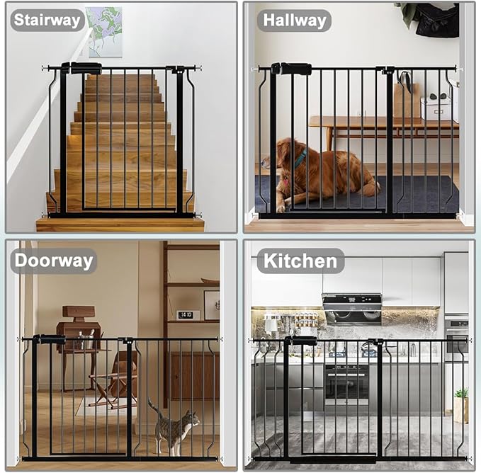 Fairy Baby Walk Through Baby Gate 43.5-48 Inch Wide, Pressure Mounted Safety Gate with Door No Drill, Black Tension Metal Gate for Dog and Toddler