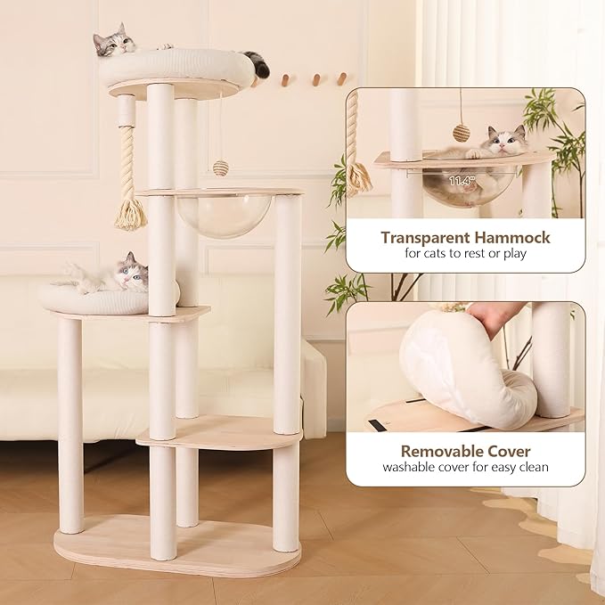 59" Modern Cat Tree Multi-Level Large Cat Tower Heavy Duty Cat Tree with Hammock,Cotton Scratching Post and Washable Cushions