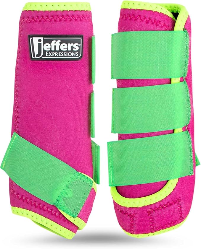 Jeffers Expression Neon Horse Boots 1 Pair – Pink & Lime, Breathable Neoprene with Secure Strap Closures, Durable Premium Protection for Jump Training & Trail Riding – Front & Hind, Medium Size