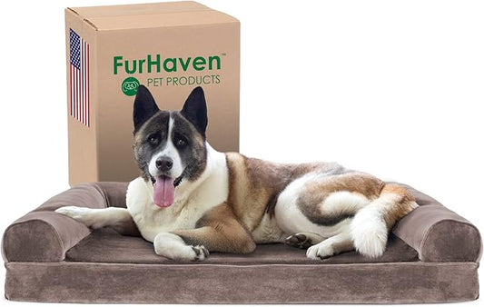 Furhaven Cooling Gel Dog Bed for Large Dogs w/ Removable Bolsters & Washable Cover, For Dogs Up to 95 lbs - Faux Fur & Velvet Sofa - Driftwood Brown, Jumbo/XL