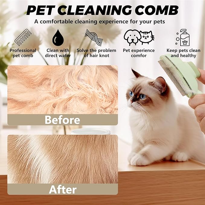 Flea Combs for Cats and Dogs with Release Button,Long & Short Stainless Steel Teeth for Deshedding, Fine Tooth Pet Brushes for Grooming Pet Hair Removal for Long and Short Hair 2 Pack