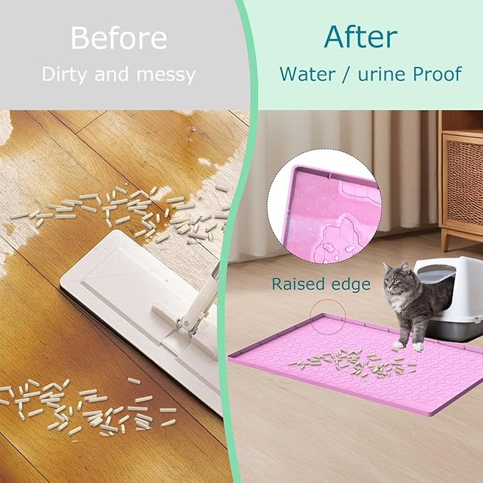 Cat Litter Mat, Silicone Large Cat Mat for Litter Box - 31x22 in, Waterproof & Non-Slip, Durable & Easy Clean, Pink