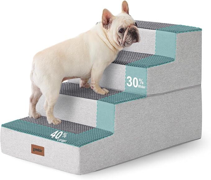 Dog Stairs for Large Dogs - Extra Wide Pet Stairs 2 in 1 with Zippers Suitable for Couch and Bed, Foam Dog Steps with Non Slip Bottom Grey 4 Steps, Grey