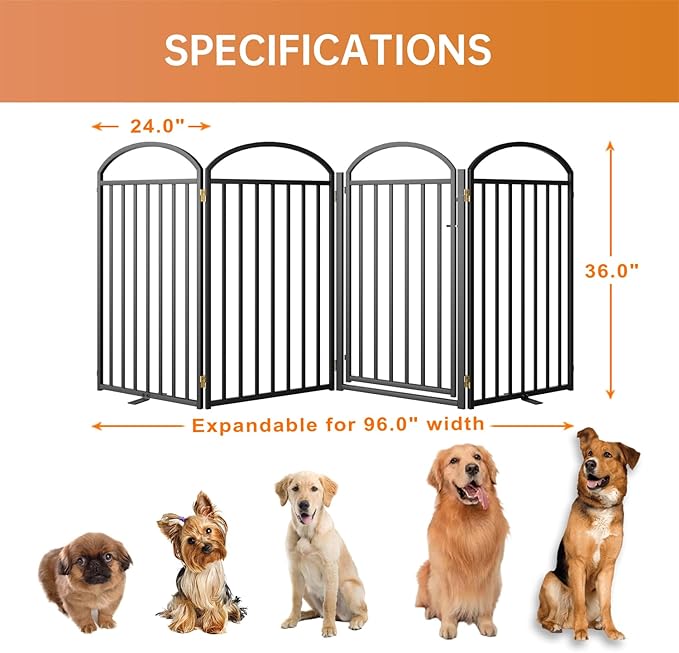 4 Panles Full Matel Freestanding Dog Gates with Door, 96"Extra Wide 36"Tall Free Standing Dog Pet Gate for Indoor & Outdoor. Foldable Pet Fences for Doorways, House, Stairs, Porch, Deck, Yard