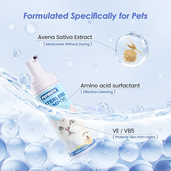 Cat Waterless Shampoo with Brush - No Rinse Formula for Quick Clean Between Baths, Hypoallergenic & Detangling, Reduce Itchy Skin Shedding, Vet-Recommended for Kittens/Senior Cats,Unscented