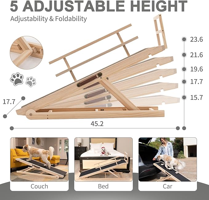 Folding Wooden Dog Ramp for Bed, Couch & Car,45IN Long- 5 Level Adjustable Pet Ramp, Non-Slip Rubber Mat, 17.7'' Extra Wide - Supports Small & Large Senior Dogs & Cats up to 200 lbs