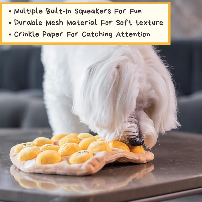 Egg Puff/Waffle 2-in-1 Nose-Work Soft Plush Squeaky Dog Toy - Durable, Cute & Fun HK Gift for Interactive Bonding Time, Hide Chew Sticks & Food for Puzzle Play, Small Medium Dogs