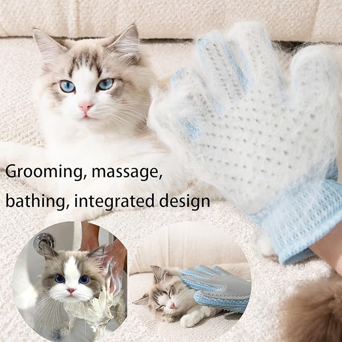 2 Pcs [2-in-1] Pet Hair Removal Gloves - Five Finger Massage Design Pet Beauty Gloves, Suitable for pet dogs and cats to prevent hair tanglings (Blue)