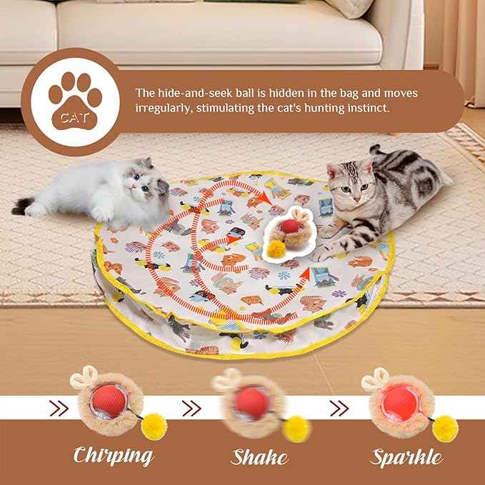 28-Inch Automatic Cat Toys Cat Play Mat with Motion-Activated Rolling Ball–Interactive Hide-and-Seek Cat Toy for Indoor Cats’ Exercise
