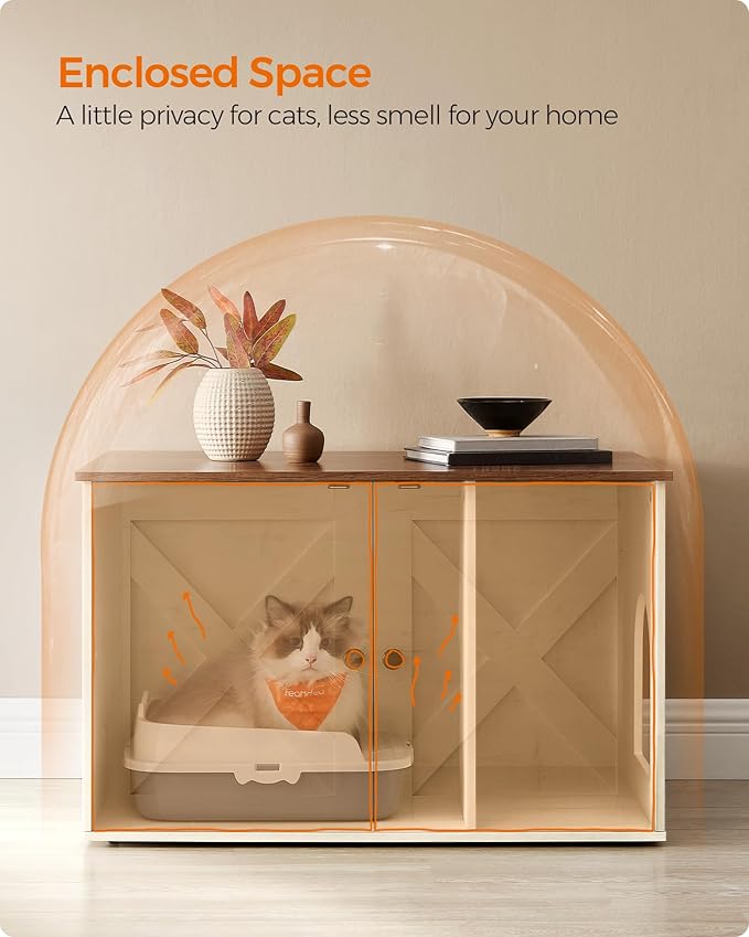 Feandrea Cat Litter Box Enclosure, Litter Box Furniture Hidden with Removable Divider, Indoor Cat House, End Table, 31.5 x 20.9 x 19.7 Inches, Honey Brown and Rustic White UPCL002P01