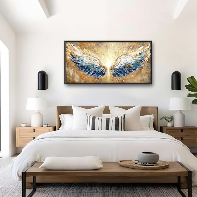 Extra Large Angel Wings Framed Wall Art for Living Room,Oversized Golden Wings Pictures Wall Decor,Holy Gold Blue Canvas Print Painting Modern Artwork Bedroom Office Bathroom 60L" x 30W"