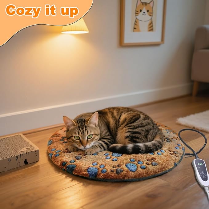 Cat Heating Pad, 16 in Round Heated Bed Smart Thermostatic Switch, Add Wire Rope Cat Carpet Puppy Whelping Supplies, Comes with a Plush Cloth Cover - Apricot