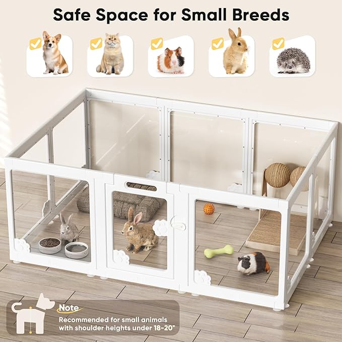 Acrylic Clear Dog Play Pen Indoors, Puppy Playpen with Door for Small Dogs Puppies, Transparent Plastic Pet Playpen Cage Fence Crate Kennel for Cat Kitten Rabbit Bunny Ferret etc (White-10 Panels)