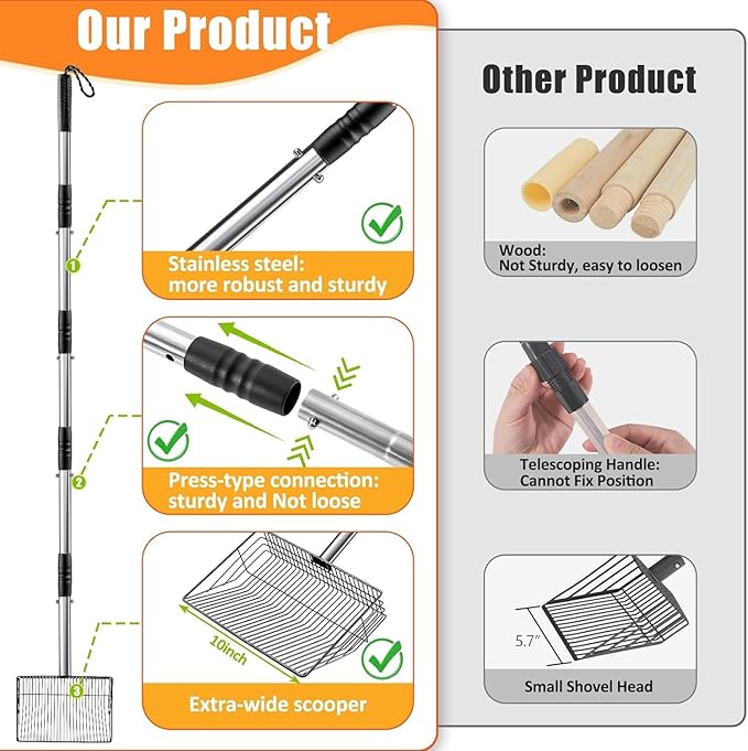 Chicken Poop Scooper, SUVEUS 10 inch Stainless Steel Coop Scoop, Adjustable 32"-67" Long, 5 in 1 Chicken Coops Shavings Shovel, Heavy Duty Sand Sifter Shovel