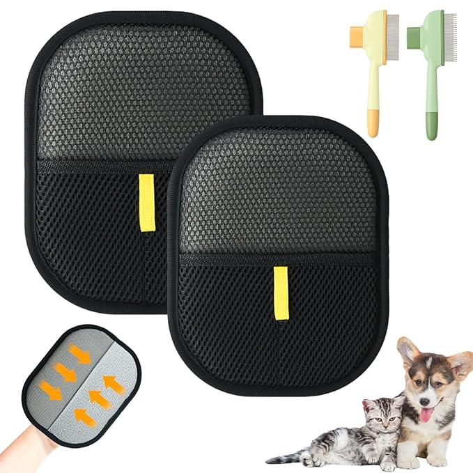 Electrostatic Pet Hair Removal Glove and Cat Dog Flea Comb, Portable Pet Massage and Cleaning Set for Deshedding, Cat Dog Hair Removal on Clothes, Furniture, Car Seats, and Carpets (4PCS)